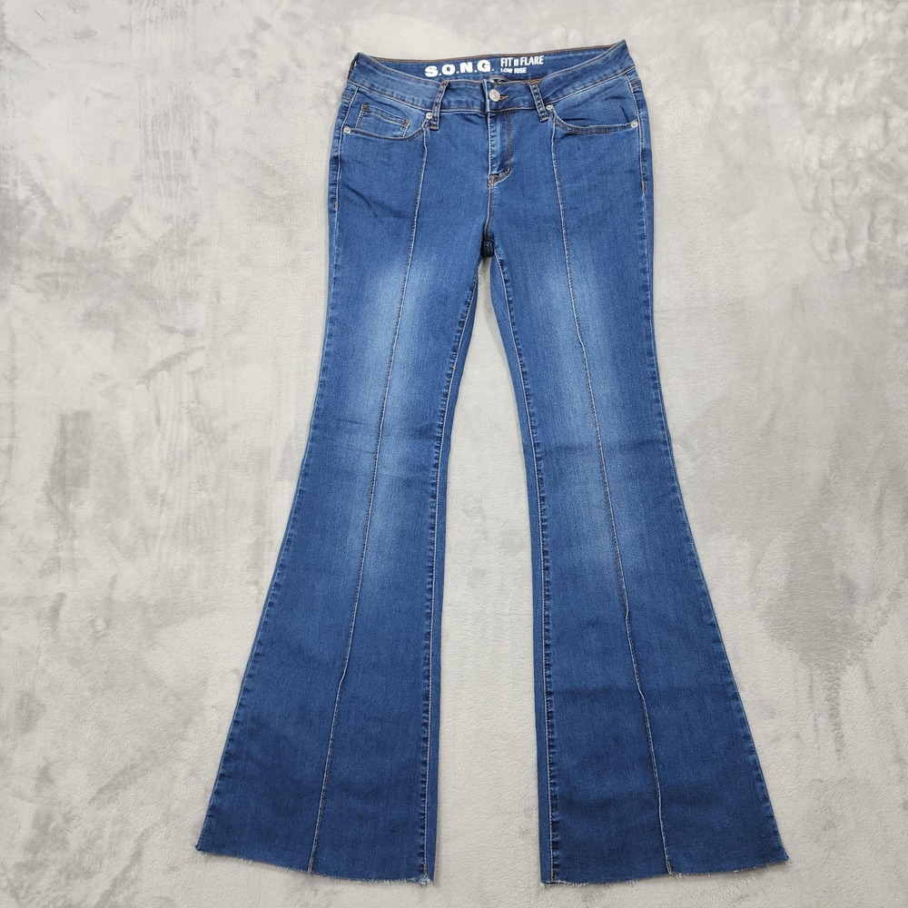 S.O.N.G. Jeans Womens 11/30 Juniors Blue Low Rise Fit N Flare Raw Hem Stretch